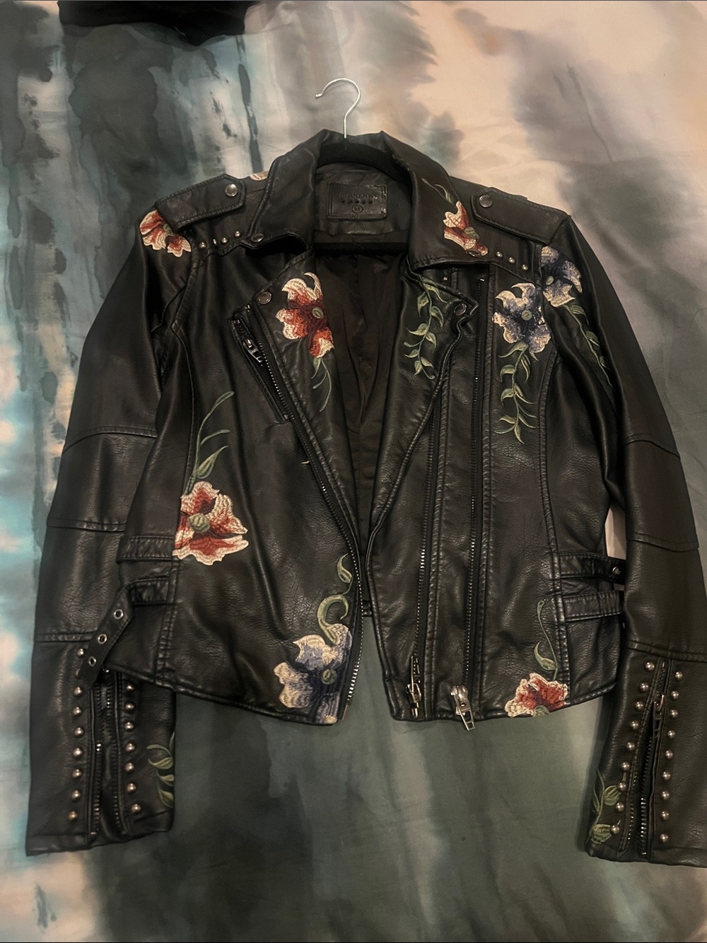 Black Leather Moto Jacket with Floral Embroidery